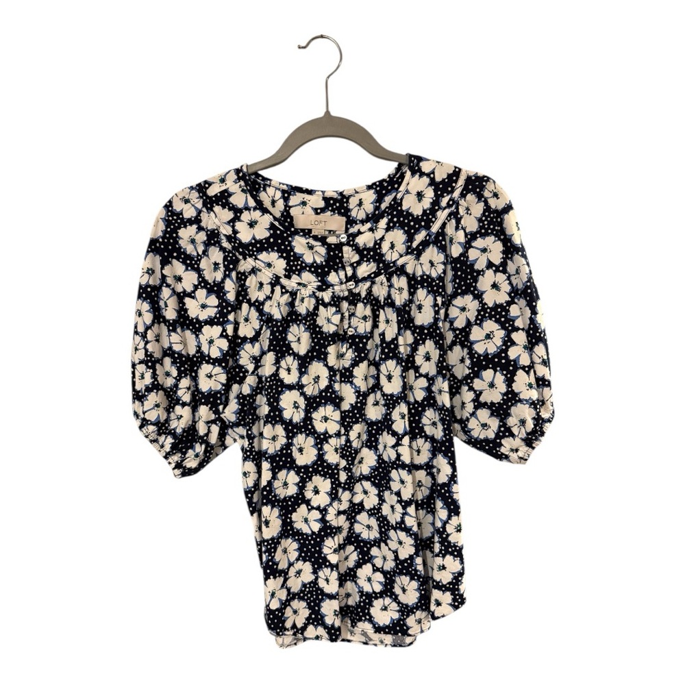 LOFT Navy and Cream Puff Sleeve Blouse with Peter Pan Collar